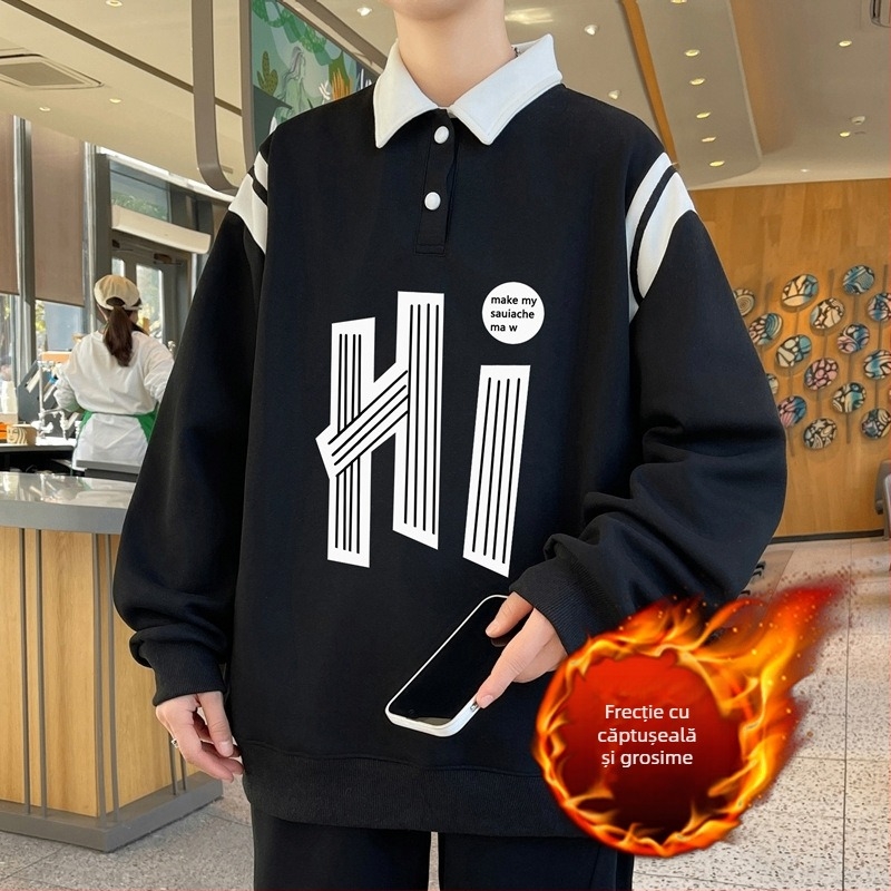 Pulover polo cu guler tip polo, căptușeală fleece și strat interior de lână, mâneci lungi, croială lejeră, pentru iarnă