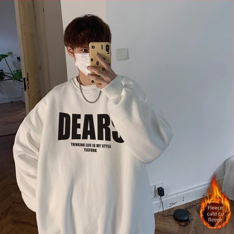 Pulover casual cu fermoar, stil coreean, croială lejeră, imprimeu cu litere pe material gros de poliester (70% poliester)