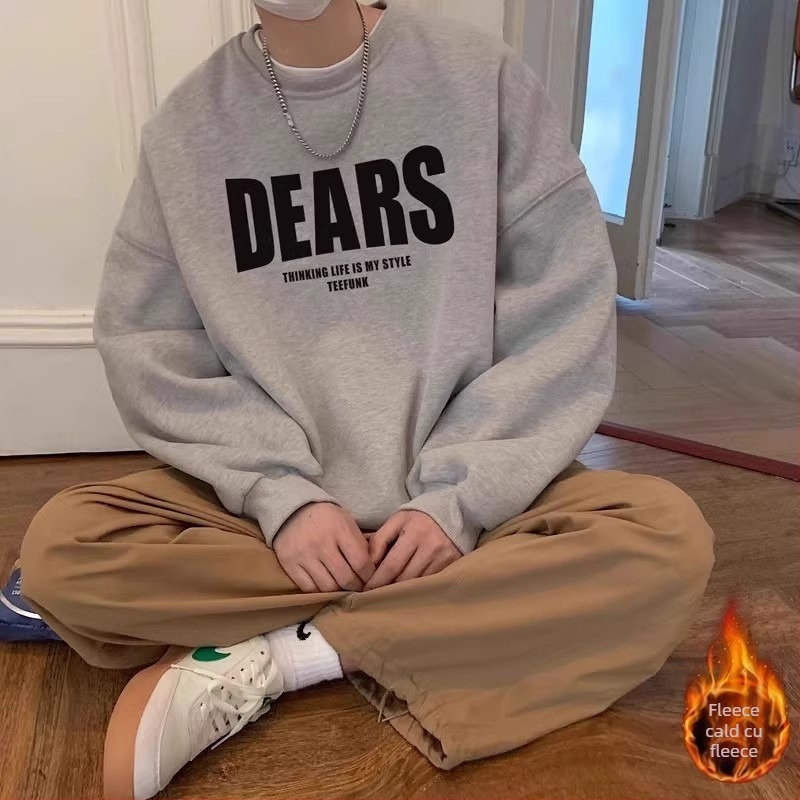 Pulover casual cu fermoar, stil coreean, croială lejeră, imprimeu cu litere pe material gros de poliester (70% poliester)