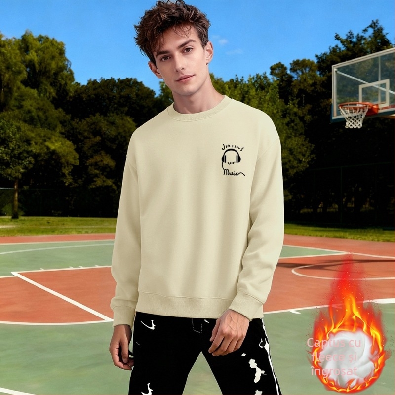 Pulover cu fleece, croială lejeră, mâneci lungi, material din bumbac