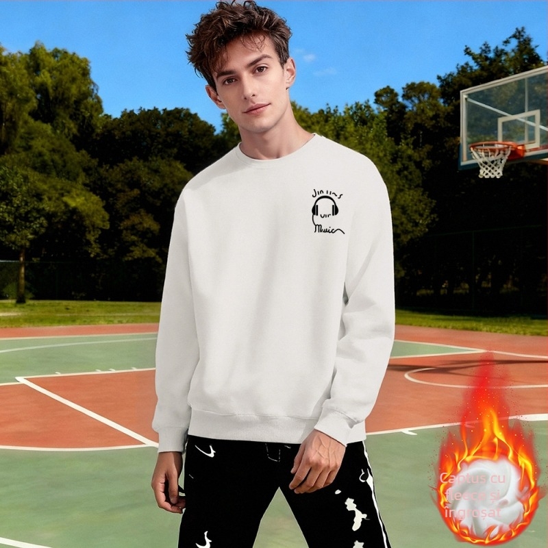 Pulover cu fleece, croială lejeră, mâneci lungi, material din bumbac