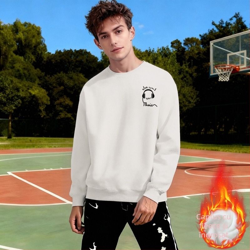 Pulover cu fleece, croială lejeră, mâneci lungi, material din bumbac