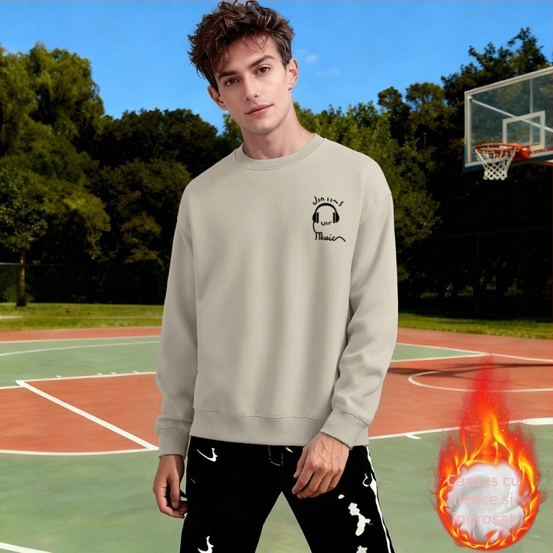 Pulover cu fleece, croială lejeră, mâneci lungi, material din bumbac