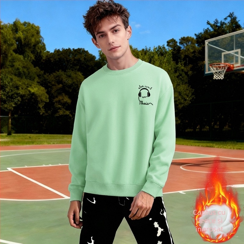 Pulover cu fleece, croială lejeră, mâneci lungi, material din bumbac