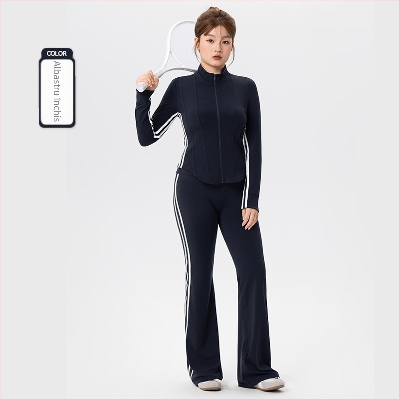 Set sportiv pentru femei plus size - două piese, top cardigan cu mâneci lungi și pantaloni evazați, material 80% nylon, 20% spandex, toamnă-iarna 2025, potrivit pentru yoga și pilates