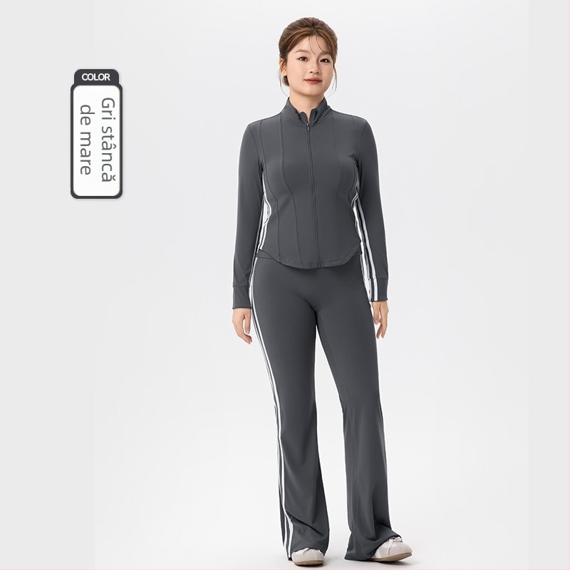 Set sportiv pentru femei plus size - două piese, top cardigan cu mâneci lungi și pantaloni evazați, material 80% nylon, 20% spandex, toamnă-iarna 2025, potrivit pentru yoga și pilates