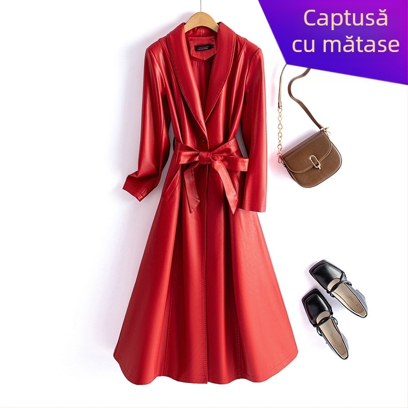 Palto din piele PU pentru femei, lung, talie strânsă, închidere cu un singur nasture