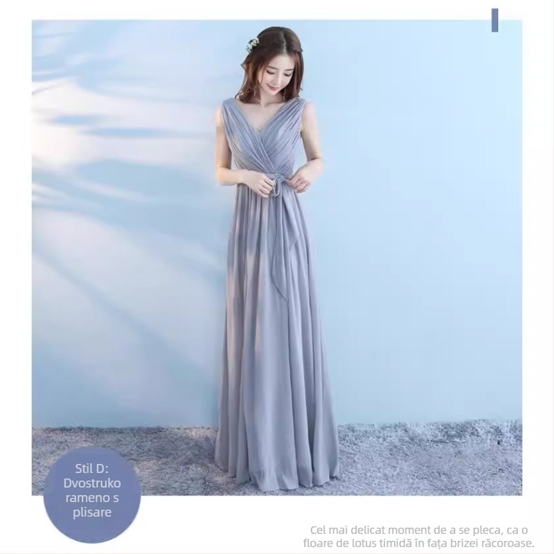 Rochie lungă pentru domnișoare de onoare — siluetă A-line, talie înaltă, fustă lungă, țesătură chiffon (Vinylon 50% + fibră clorinată 15%)