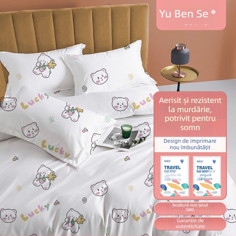 Set de pat de unică folosință pentru călătorii: cearșaf, husă de cuvertură, fețe de pernă – 4 piese; Material: fibră nețesută; Marcă: Royal Color; Perioadă de valabilitate: 360 zile