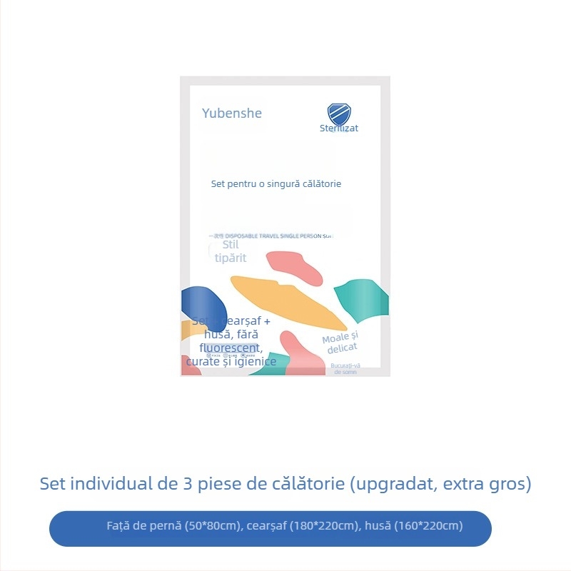 Set de pat de unică folosință pentru călătorii: cearșaf, husă de cuvertură, fețe de pernă – 4 piese; Material: fibră nețesută; Marcă: Royal Color; Perioadă de valabilitate: 360 zile