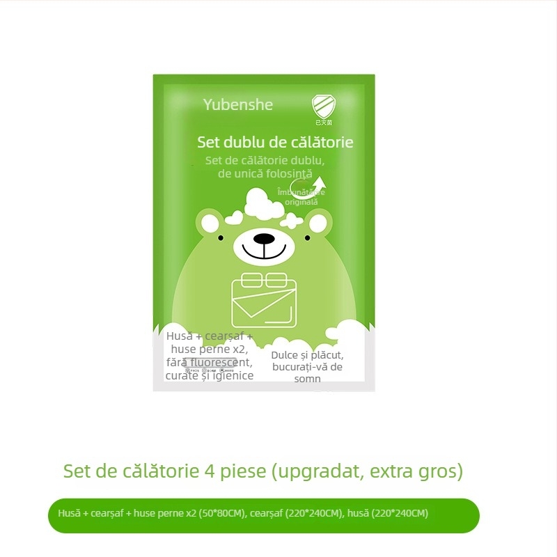 Set de pat de unică folosință pentru călătorii: cearșaf, husă de cuvertură, fețe de pernă – 4 piese; Material: fibră nețesută; Marcă: Royal Color; Perioadă de valabilitate: 360 zile