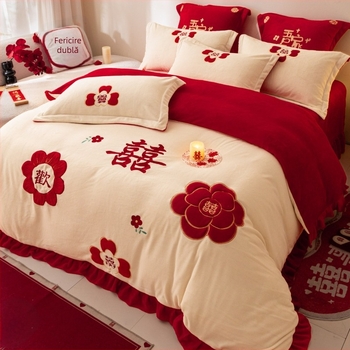Set de lenjerie de pat patru piese (velur de lapte; model geometric; stil de nuntă chinezesc; țesătură twill; imprimare reactivă și vopsire)