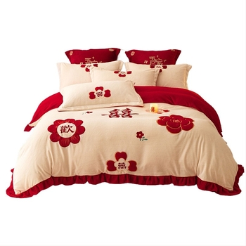 Set de lenjerie de pat patru piese (velur de lapte; model geometric; stil de nuntă chinezesc; țesătură twill; imprimare reactivă și vopsire)