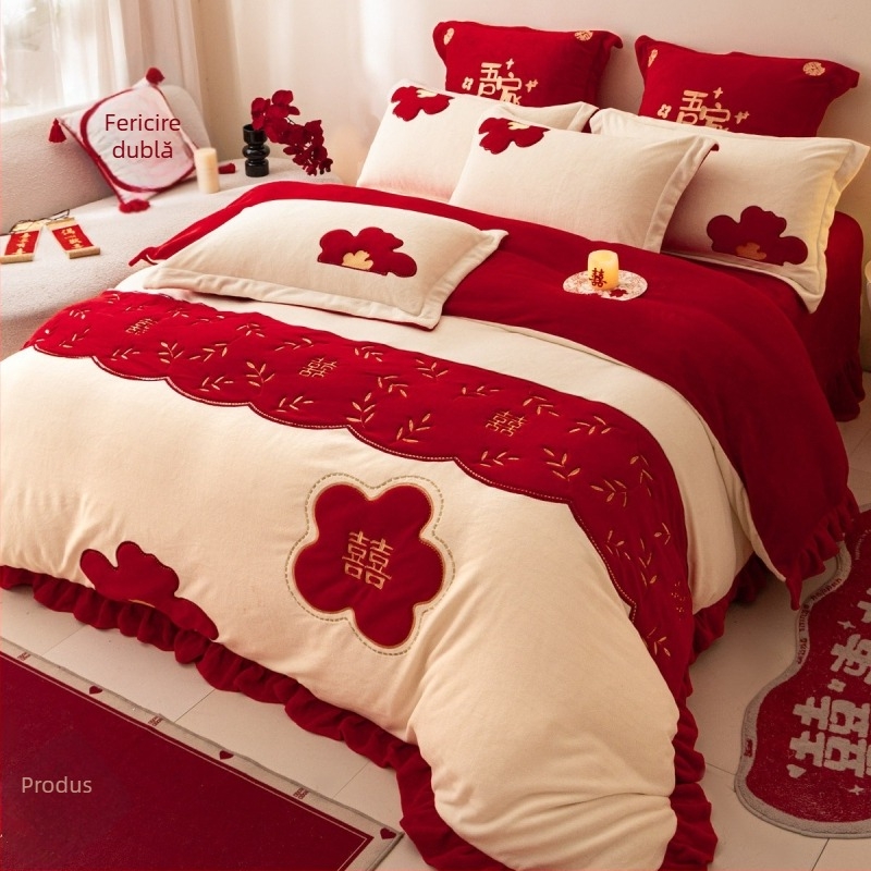 Set de lenjerie de pat patru piese (velur de lapte; model geometric; stil de nuntă chinezesc; țesătură twill; imprimare reactivă și vopsire)