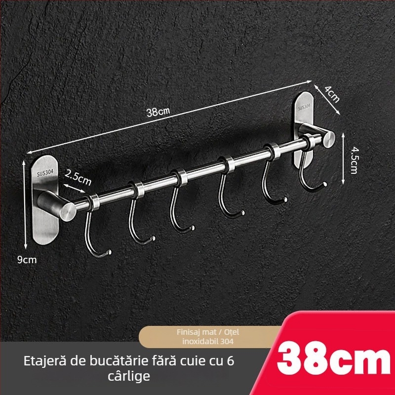 Raft de bucătărie montat pe perete cu cârlige, din oțel inoxidabil 304, finisaj periat, stil modern minimalist, greutate 412 g