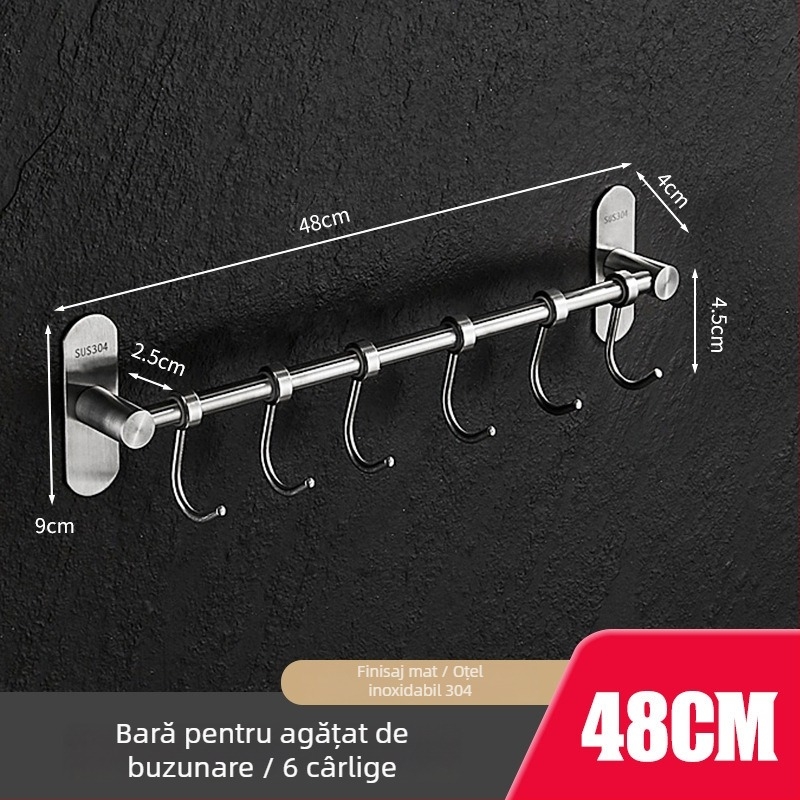 Raft de bucătărie montat pe perete cu cârlige, din oțel inoxidabil 304, finisaj periat, stil modern minimalist, greutate 412 g
