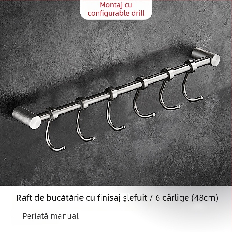 Raft de bucătărie montat pe perete cu cârlige, din oțel inoxidabil 304, finisaj periat, stil modern minimalist, greutate 412 g