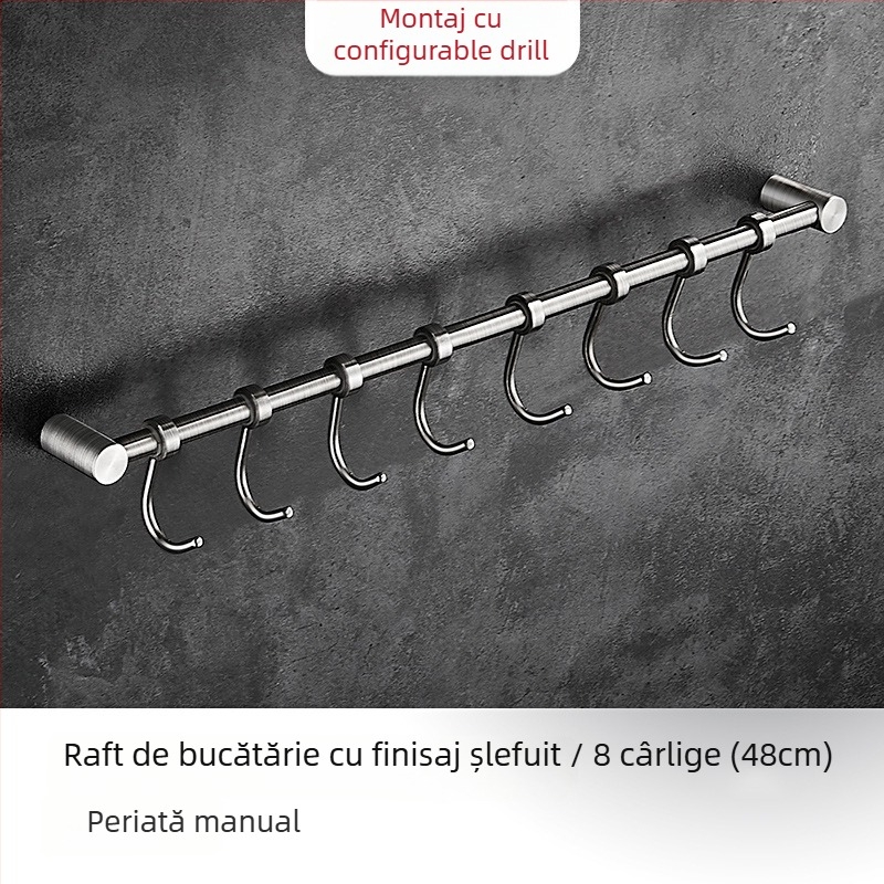 Raft de bucătărie montat pe perete cu cârlige, din oțel inoxidabil 304, finisaj periat, stil modern minimalist, greutate 412 g