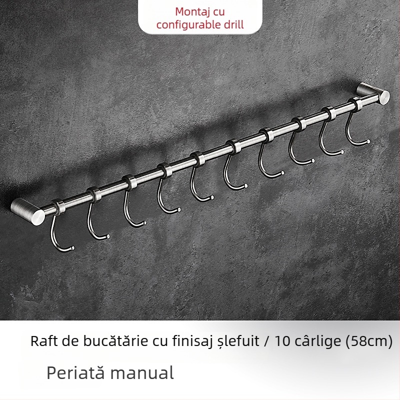 Raft de bucătărie montat pe perete cu cârlige, din oțel inoxidabil 304, finisaj periat, stil modern minimalist, greutate 412 g