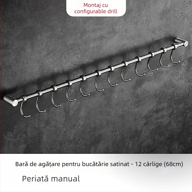 Raft de bucătărie montat pe perete cu cârlige, din oțel inoxidabil 304, finisaj periat, stil modern minimalist, greutate 412 g