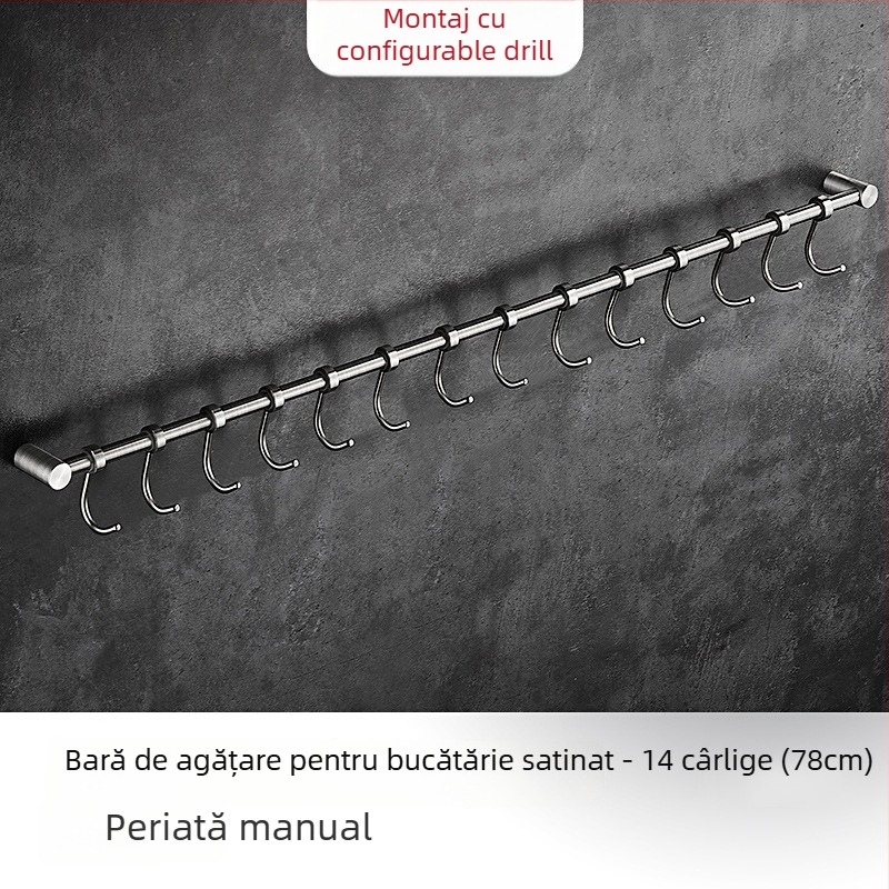 Raft de bucătărie montat pe perete cu cârlige, din oțel inoxidabil 304, finisaj periat, stil modern minimalist, greutate 412 g