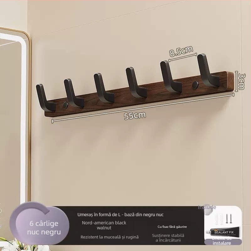 Cuier de perete din lemn masiv, cu o singură cui, stil ușor luxos; materiale: lemn masiv și plastic; sarcină maximă 10 kg; montaj prin găurire