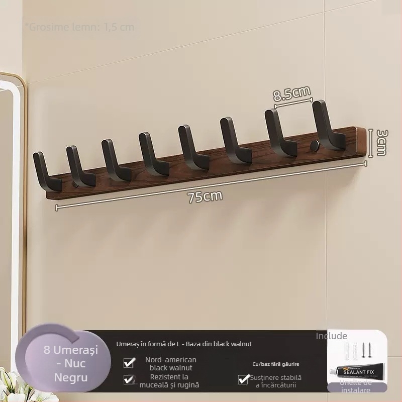 Cuier de perete din lemn masiv, cu o singură cui, stil ușor luxos; materiale: lemn masiv și plastic; sarcină maximă 10 kg; montaj prin găurire