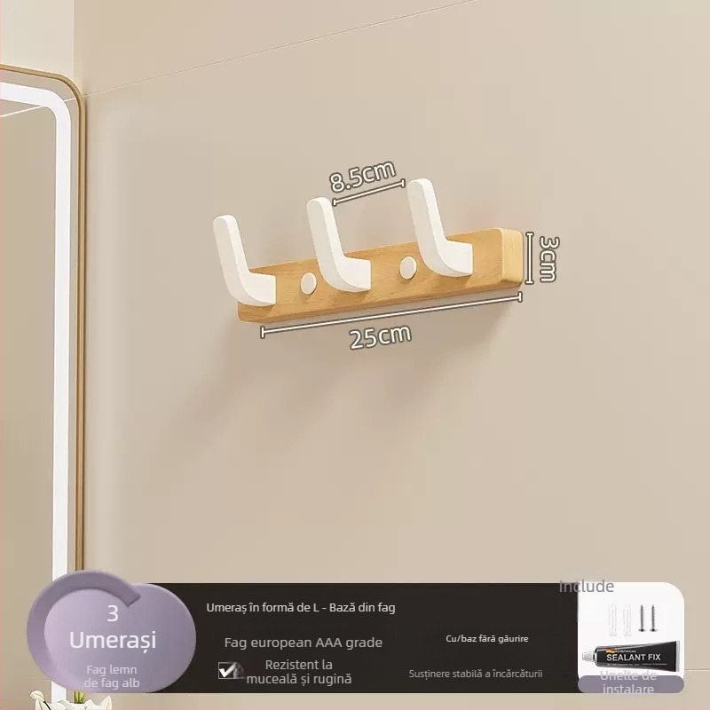 Cuier de perete din lemn masiv, cu o singură cui, stil ușor luxos; materiale: lemn masiv și plastic; sarcină maximă 10 kg; montaj prin găurire