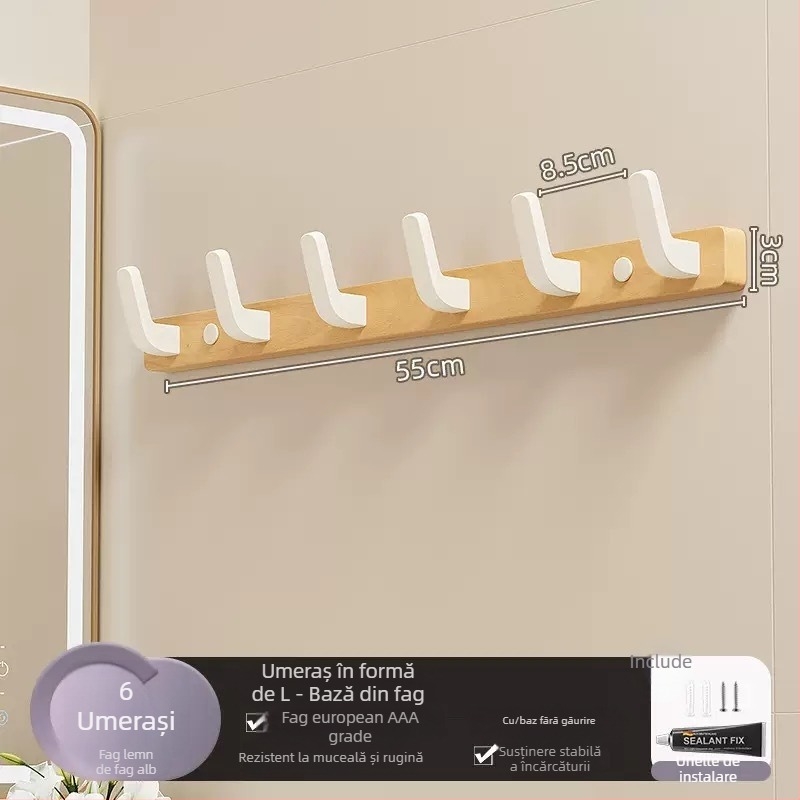 Cuier de perete din lemn masiv, cu o singură cui, stil ușor luxos; materiale: lemn masiv și plastic; sarcină maximă 10 kg; montaj prin găurire