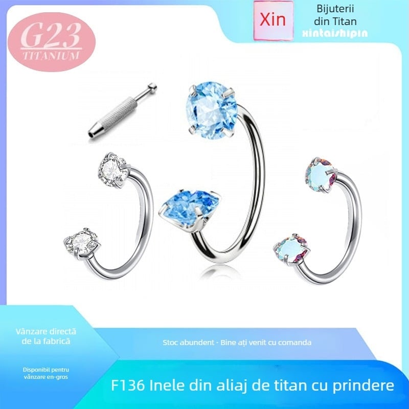 Inel nazal din aliaj de titan – tijă în formă de potcoavă, dublu capăt, filet intern, încrustat cu zircon, puritate G23