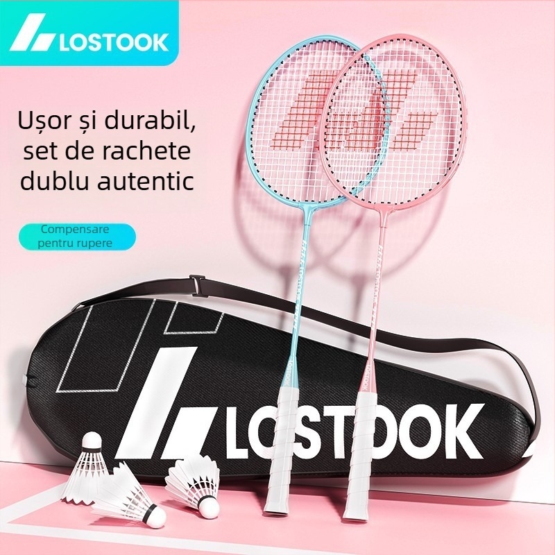 Rachetă de badminton – set dublu cu cadru din aliaj de fier, șnururi din nailon, greutate 95–100 g, mâner din burete, lovitură directă