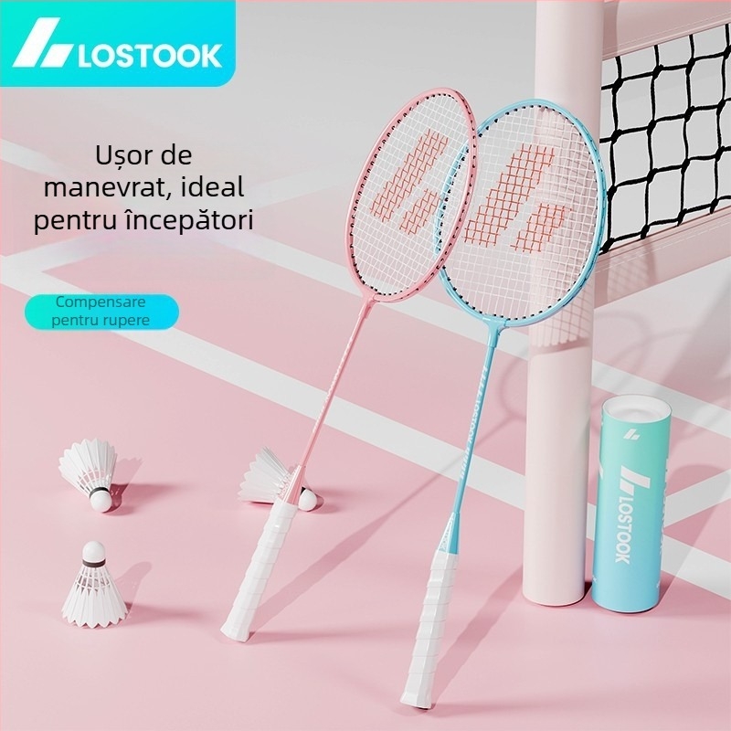 Rachetă de badminton – set dublu cu cadru din aliaj de fier, șnururi din nailon, greutate 95–100 g, mâner din burete, lovitură directă