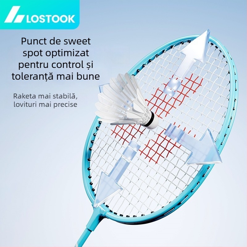 Rachetă de badminton – set dublu cu cadru din aliaj de fier, șnururi din nailon, greutate 95–100 g, mâner din burete, lovitură directă