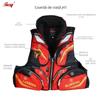 Vestă de salvare pentru adulți, cu plutaj mare, pentru pescuit în mare și surfing, material Oxford, 6 buzunare cu clapete, specificație 60