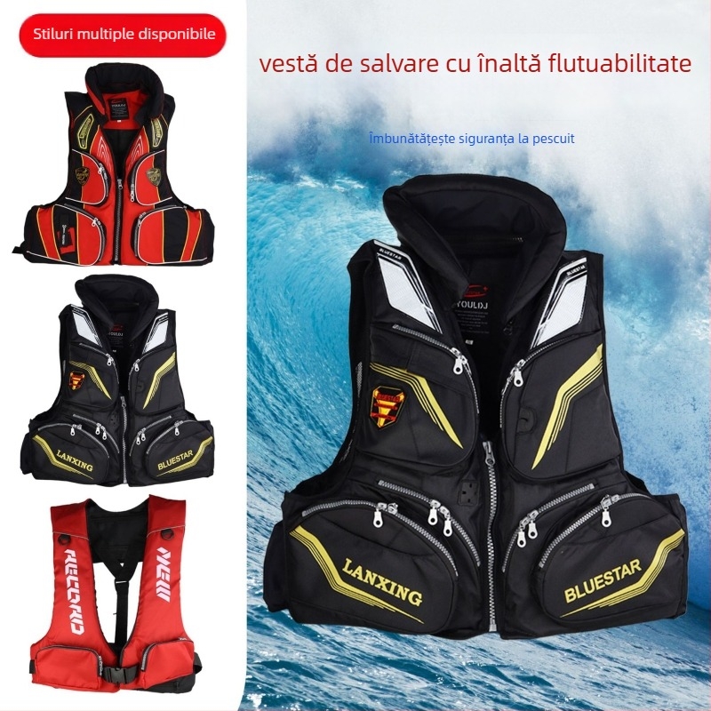 Vestă de salvare pentru adulți, cu plutaj mare, pentru pescuit în mare și surfing, material Oxford, 6 buzunare cu clapete, specificație 60