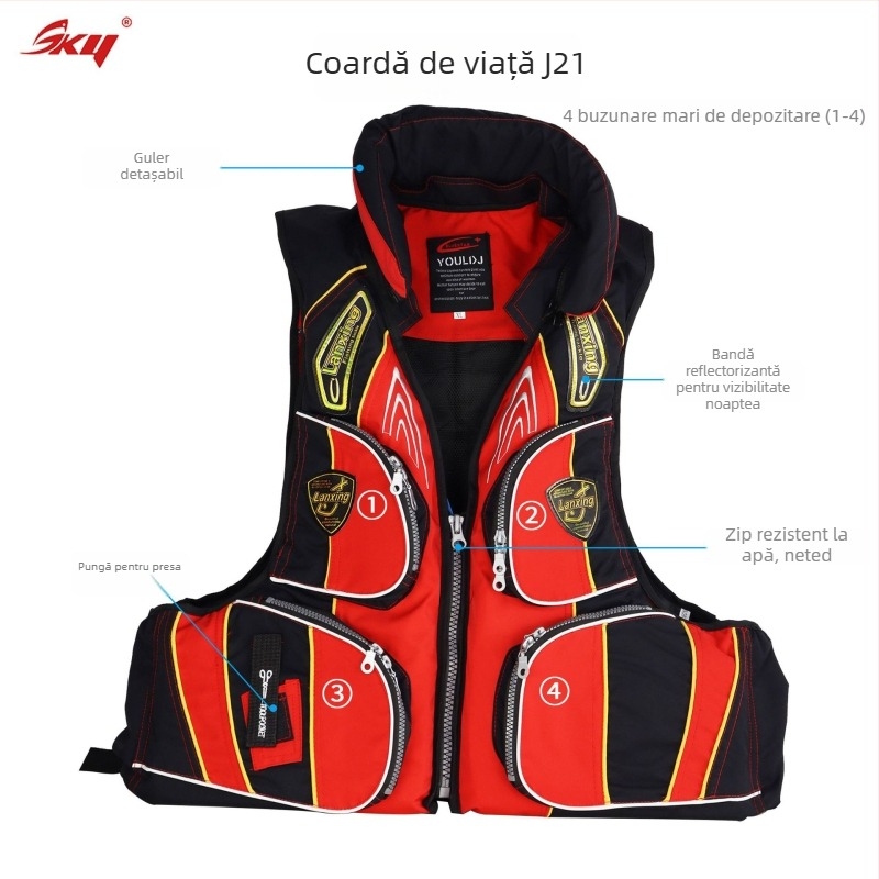 Vestă de salvare pentru adulți, cu plutaj mare, pentru pescuit în mare și surfing, material Oxford, 6 buzunare cu clapete, specificație 60