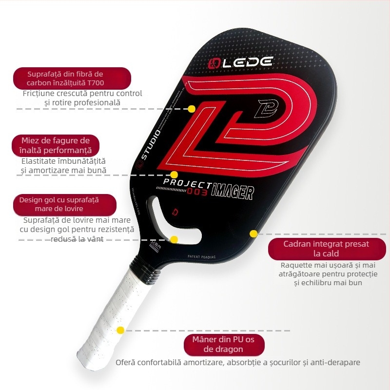 Rachetă pickleball fără ramă, din fibre de carbon, construcție integrată prin presare la cald, nivel profesionist de concurs, greutate 210 g