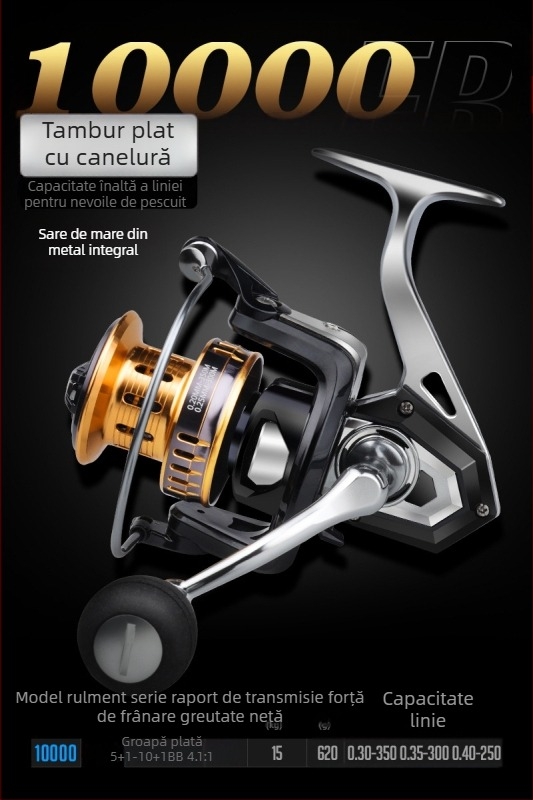 Hasda mulinetă de pescuit, din metal integral, rezistentă la apă sărată, pescuit marin cu rază lungă, model 10000