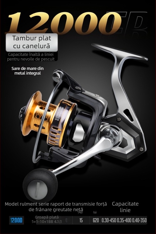 Hasda mulinetă de pescuit, din metal integral, rezistentă la apă sărată, pescuit marin cu rază lungă, model 10000