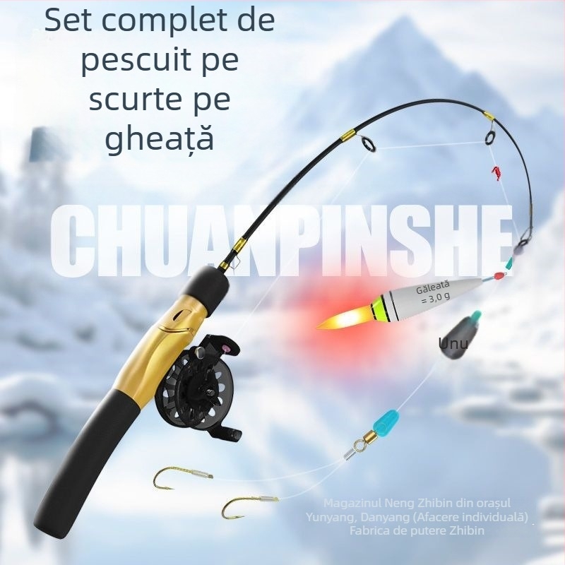 Undiță de pescuit pe gheață, portabilă, cu linie deja legată și mulină inclusă, set complet