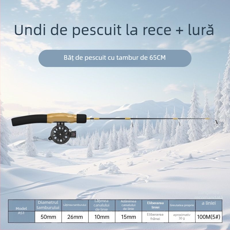 Undiță de pescuit pe gheață, portabilă, cu linie deja legată și mulină inclusă, set complet