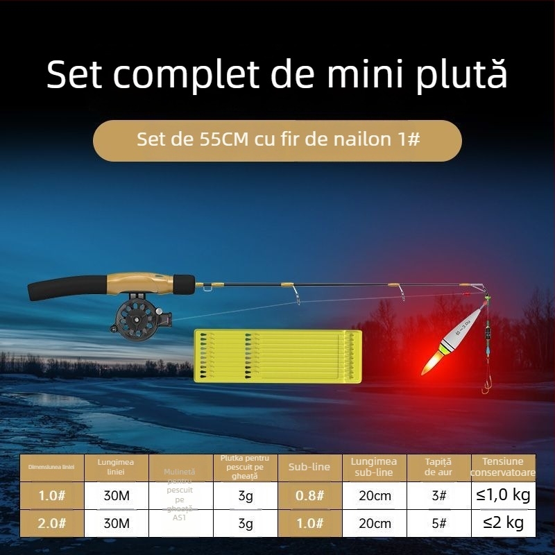 Undiță de pescuit pe gheață, portabilă, cu linie deja legată și mulină inclusă, set complet