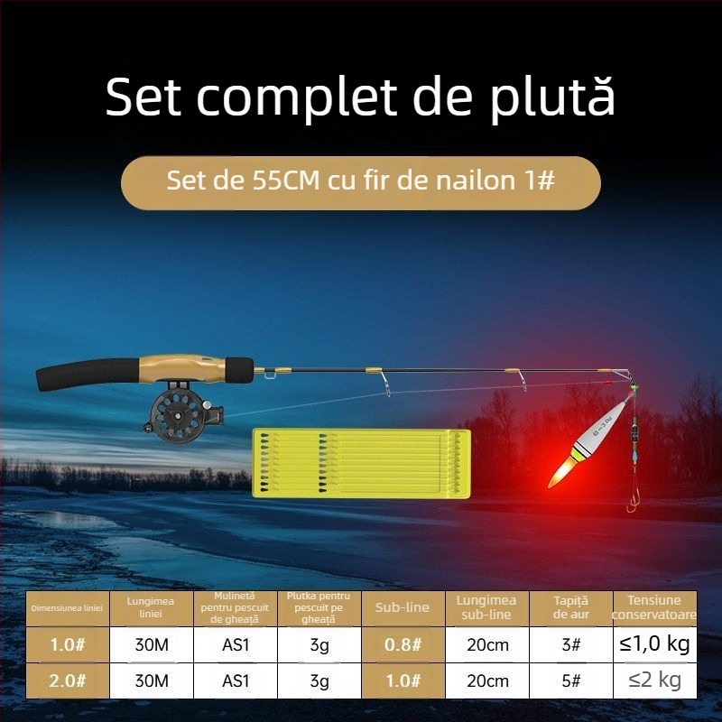 Undiță de pescuit pe gheață, portabilă, cu linie deja legată și mulină inclusă, set complet