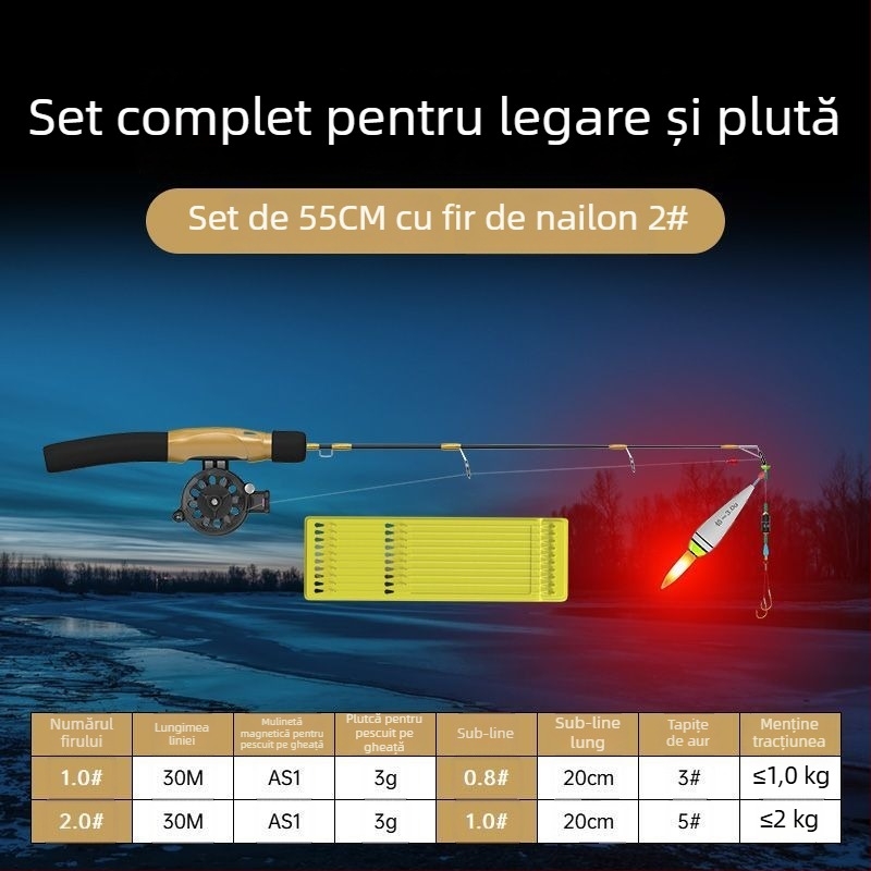 Undiță de pescuit pe gheață, portabilă, cu linie deja legată și mulină inclusă, set complet