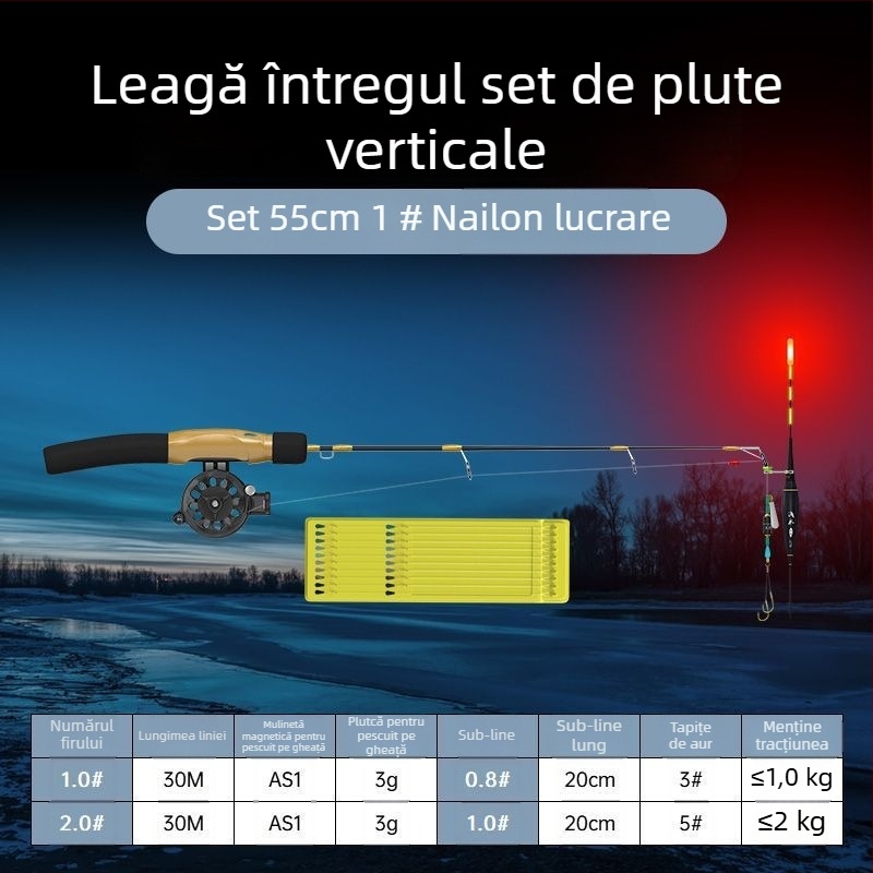 Undiță de pescuit pe gheață, portabilă, cu linie deja legată și mulină inclusă, set complet