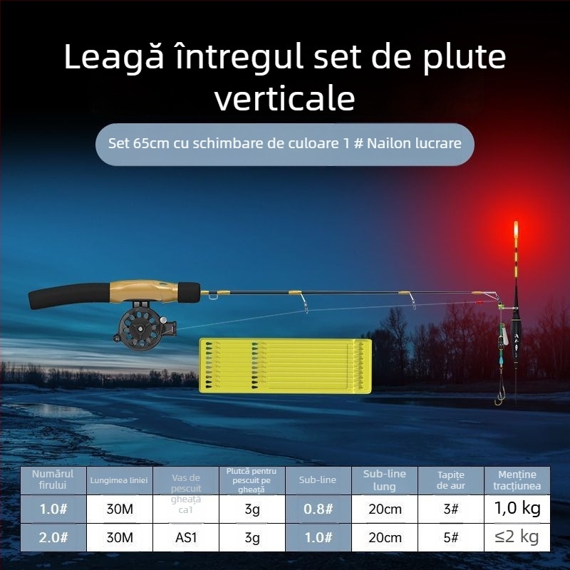 Undiță de pescuit pe gheață, portabilă, cu linie deja legată și mulină inclusă, set complet
