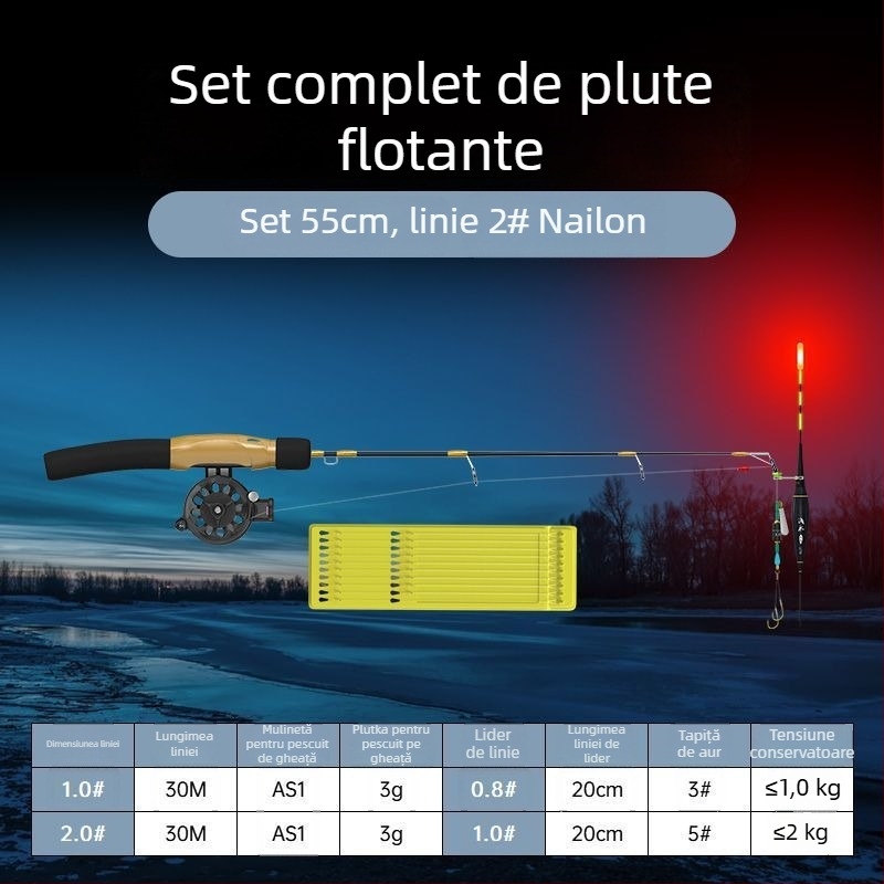 Undiță de pescuit pe gheață, portabilă, cu linie deja legată și mulină inclusă, set complet