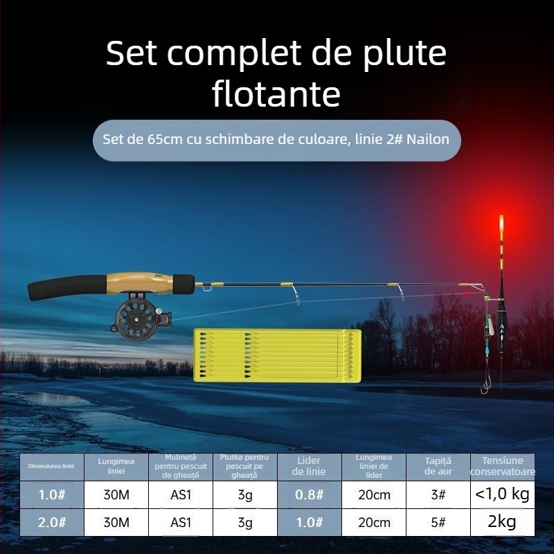 Undiță de pescuit pe gheață, portabilă, cu linie deja legată și mulină inclusă, set complet