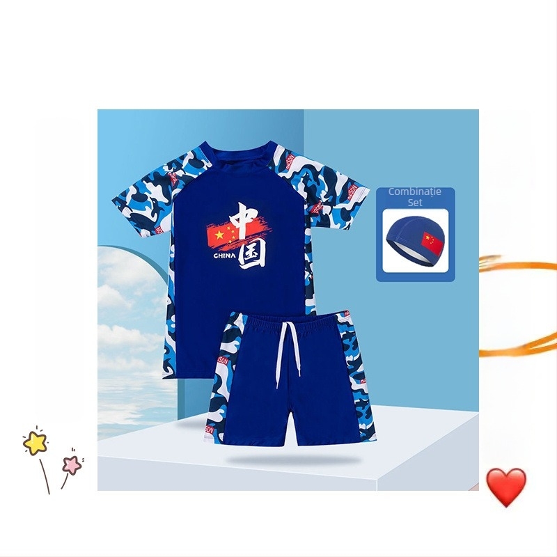 Set de două piese pentru băieți: șorturi de baie și șapcă; pentru copii mai mari; material: nylon și vinylon