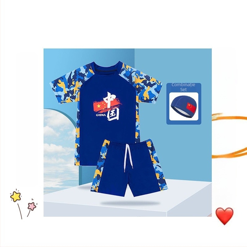 Set de două piese pentru băieți: șorturi de baie și șapcă; pentru copii mai mari; material: nylon și vinylon